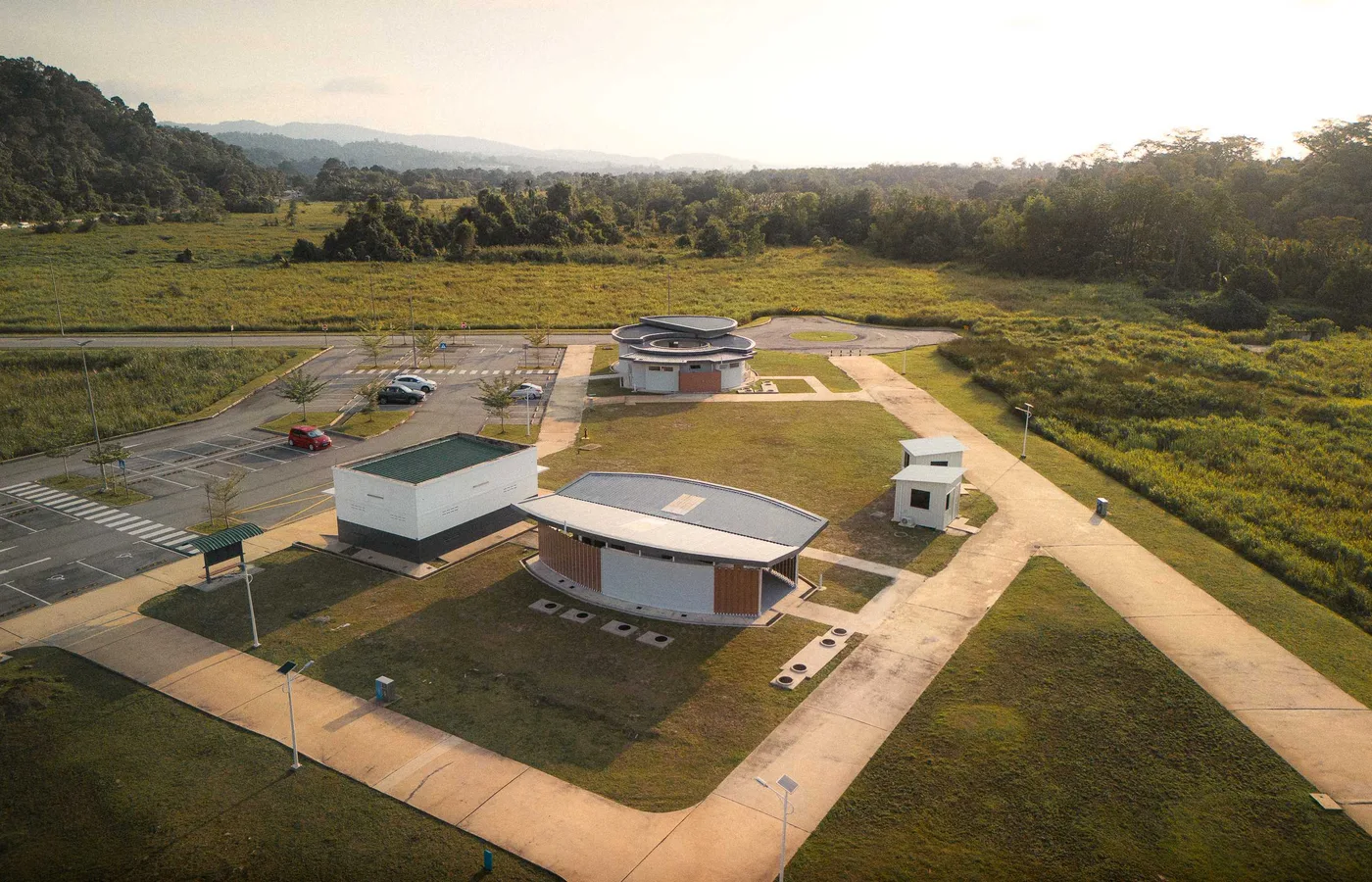 Aerial view of the completed 3D-printed public buildings